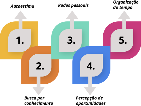 Infográfico-1. Autoestima. 2. Busca por conhecimento. 3. Redes pessoais. 4. Percepção de oportunidades. 5. Organização do tempo.